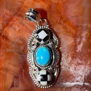 Sterling Silver and Turquoise Checkered Pendant 925
